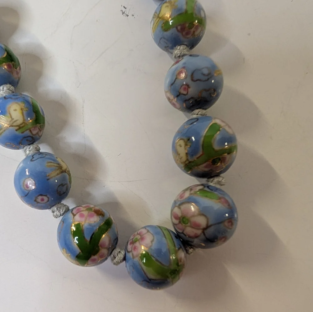 Vintage Necklace Asian Hand Knotted Blue Hand Painted Beads